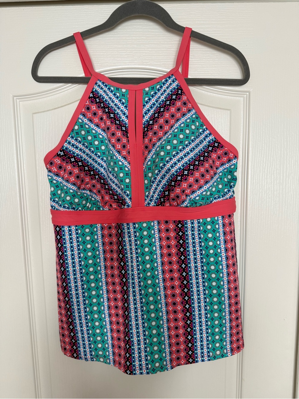 Lands' End Coral/pink and Teal Striped Geo Halter Swim Tankini
